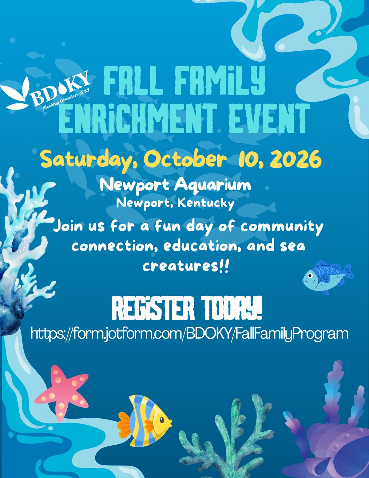 BDoKY Fall Family Enrichment Event flyer — Saturday, October 10, 2026, Newport Aquarium, Newport, Kentucky